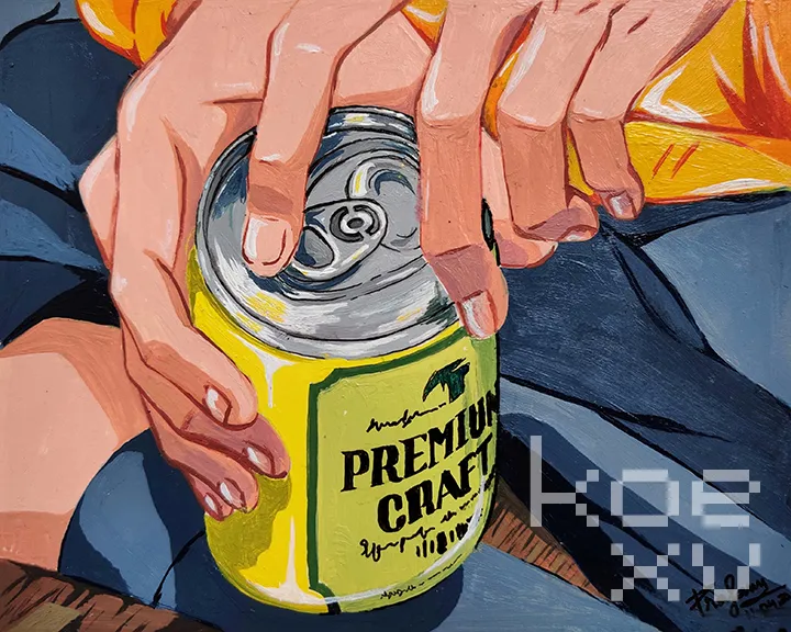 Acrylic painting of a person opening a beer can.