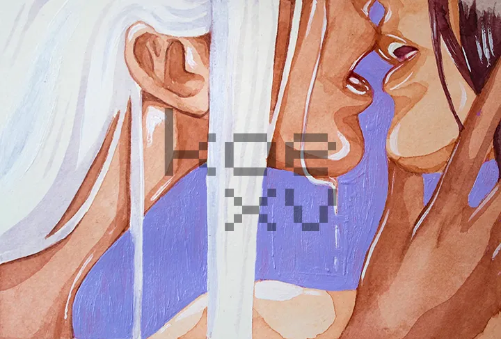 Painting of a white-haired woman holding a dark-haired woman close to her face.