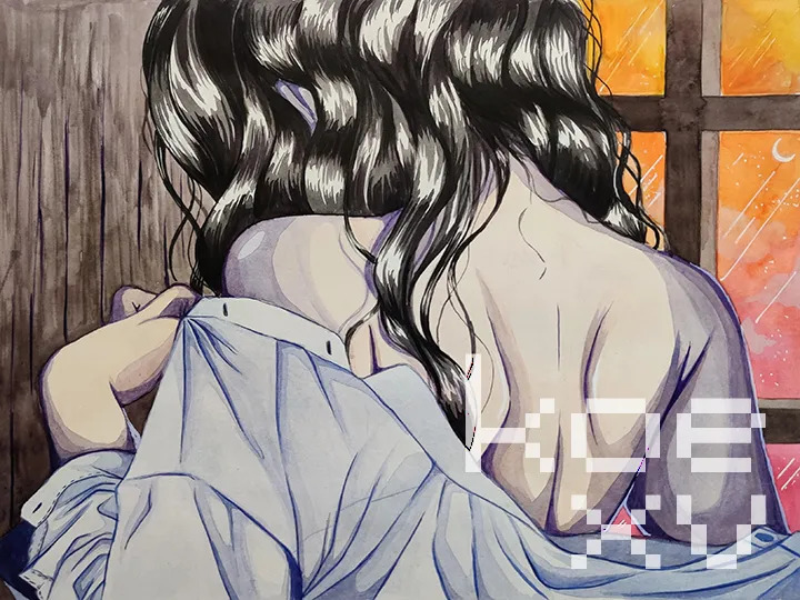 Painting of woman with her back facing us, her shirt is falling off and she is looking at the ground. Her hair is disheveled.