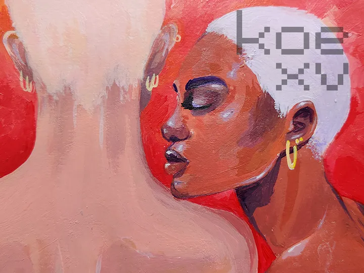 Acrylic painting of two white-haired woman on a pink and red background. One woman rests her chin on the shoulder of the other.