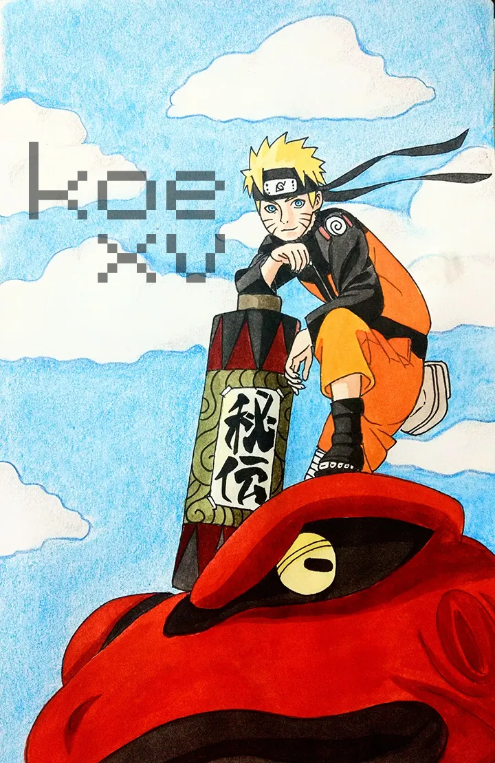 Mixed media painting of naruto standing on a big red frog.